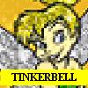 Pixelated icon of a character with blonde hair and blue eyes, wearing a white top, set against a yellow background with a yellow banner reading 'TINKERBELL' at the bottom.