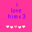 Pixelated text 'i love him<3' in purple on bright pink background with five white and one light pink heart symbols below.