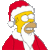 Pixelated cartoon character wearing Santa hat and red coat with white trim, yellow hair, brown nose, open mouth showing teeth, gray background.