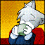 Pixelated cartoon cat with white fur and green eyes lying on a red surface against a yellow background, wearing blue pants and holding a green object.