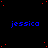 Blue text 'jessica' repeated across a black background with scattered red dots, one gray rectangle in the bottom-right corner.