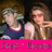 Two people sit side-by-side on a dark background with a bright pink banner below displaying text.