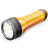 Pixelated flashlight icon with black head, yellow-orange body, and white light beam on gray background.