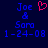 Blue pixelated text 'Joe & Sara 1-24-08' on dark background with red heart symbol above 'Joe' in left view, identical right view.