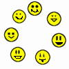 Yellow circular icons with black outlines display various facial expressions including smiles, open mouths, and neutral faces on a white background.