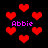 Red pixelated hearts float on a black background with purple text reading 'Abbie' in four locations.
