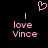 Pixelated pink text and symbols on black background: two 'I love Vince' phrases with a heart above, all in blocky font.
