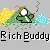 Pixel art icon shows a green-clad figure with white accents holding a fishing rod, surrounded by yellow flowers and blue water splashes on gray background.