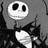 Pixelated grayscale image of a character with a round white head, large black eyes, and a small mouth, wearing a black suit with a white bow tie and holding a white object.