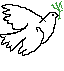 White dove with green olive branch in beak, wings spread, flying left to right against gray background.