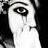 Black-and-white pixelated close-up of a stylized face with visible eye, eyebrow, and partial nose/cheek structure against dark background.
