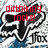 Pixelated image with red text "dirBiking rocks!" overlaid on a black-and-white abstract design featuring curved lines and blue accents.
