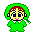 Pixelated green character with red-brown hair and yellow face, wearing green hooded outfit, showing multiple facial expressions and hand positions across four