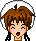 Pixel art character with brown hair and pink cheeks in six expressions: winking, open-mouthed surprise, neutral, smiling, closed eyes, and wide-eyed shock.