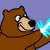 Brown bear emits blue energy from hands toward green bear with wide eyes and open mouth, text 'My...' and 'Balloon' appears sequentially.