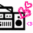 Pixelated black-and-white boombox with pink heart-shaped animation and '<3' text, showing changes