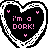 Two pixelated heart-shaped icons with black interiors, white outlines, and pink text reading "i'm a DORK!" surrounded by small pink hearts.