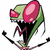 Pixelated green alien with large pink eyes and black mouth, arms raised, displaying text above and below.