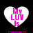 Four heart-shaped icons with pink text 'My LUV Is' on white hearts against black background, showing animation changes in pixel clarity and spacing.