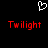 A black background displays a white pixelated heart symbol above two red 'Twilight' text instances with visible pixelation.