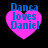 Four identical pink heart-shaped icons with blue text reading "Dance loves Daniel" arranged in a on black background