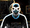 Animated sequence of a figure in dark clothing with glowing outlines performing sequential head and arm movements against black background.