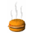 Animated sequence of a golden-brown hamburger with steam rising, showing subtle variations in smoke and bun texture across frames.