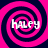 Four identical pink and dark blue spiral patterns arranged in a , each containing the text 'Haley' in white pixelated font