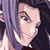 Pixelated static image of a character with purple hair and dark clothing, showing partial face and hand gesture against dark background.