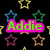 Pixelated graphic with bright green text 'Addie' on a pink rectangular background, surrounded by multicolored stars against black.