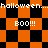 Animated orange and black checkered pattern with 'halloween...' text repeating horizontally and 'BOO!!!' in the center, alternating between square and diamond layouts