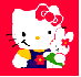 Hello Kitty avatar with red bow, yellow nose, black eyes and whiskers holding white rabbit with pink flower against solid red background.