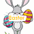 Animated Easter-themed icon with gray bunny holding colorful eggs, text changes from 'Easter' to 'here!!!', and background shifts between egg clusters.