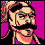Pixelated static icon of a stylized character with dark hair, glasses, and a mustache against a magenta background.