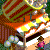 Pixelated scene shows a wooden structure with green roof, yellow star-shaped lights on poles, and small figures near trees.