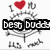 A pixelated cartoon character with a red heart above its head, displaying 'I ❤️ U' text, and a 'best buds' banner in one frame.