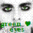 Pixelated static icon featuring two large cartoon eyes with green irises, a small black nose, and the text "GREEN EYES" in blocky multicolored letters below, set against a transparent background with scattered colored pixels.