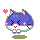 Pixelated purple cat with pink inner ears, closed eyes, and red mouth in four variations showing heart position changes.