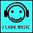 Pixelated cyan square with black border containing smiling face wearing headphones and "I LOVE MUSIC" text below.