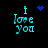 Pixelated cyan text 'I Love You' on black background with animated blue heart or star above 'I' in four variations.