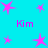 Cyan background with pink star shapes and four instances of the text 'Kim' in pink pixelated font.