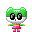Pixel art character with green hair, black eyes, red mouth, pink dress with yellow stripe, and orange hands in multiple poses.
