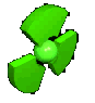 Green three-bladed propeller with central sphere rotates through multiple angles against gray background.