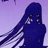 Pixelated blue figure with long flowing hair against a light purple gradient background, wearing dark glasses and a hooded garment.