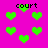 A static image with a bright pink background featuring scattered green heart shapes and the word 'court' in black pixelated text.