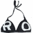 Black bikini top and bottom with white 'RO' on top, 'RY' on bottom; pink text 'i love roxy!' to the right.