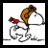 Pixelated cartoon character with brown hair and red bow, holding a curved object against white background.