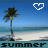 Animated sequence of beach scenes with palm trees, blue sky, and white clouds; text transitions from 'summer' to '05 is gonna rock!' while heart icons change shape.
