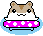 Pixel art hamster with brown and white fur, black eyes, pink polka-dot swimsuit, blue water background; show mouth expression change
