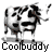 A 3x3 contact sheet of nine identical black-and-white cow animation frames with the text "Coolbuddy" beneath each frame, displayed on a gray background.